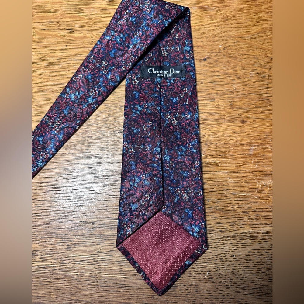 Vintage Christian Dior Monsieur Blue Red Floral Mix Patterned Polyester Tie - Picture 2 of 4